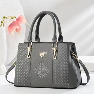 Deep grey embroidered large capacity handbag with gold hardware and detachable strap