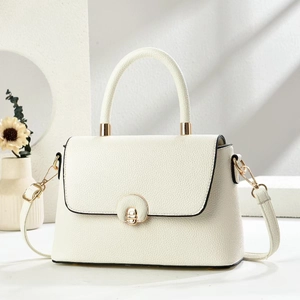 Borsa A Mano In Pelle PU Trama Litchi Borsa A Spalla Tracolla Donna Chiusura Girevole Dorata Stile Elegante Minimalista