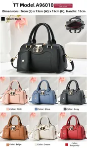 Detailed size chart of Boston handbags with metal TT lock and multiple color options