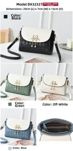 Detail showing dimensions 20x7x15cm and interior compartments of this flap crossbody bag