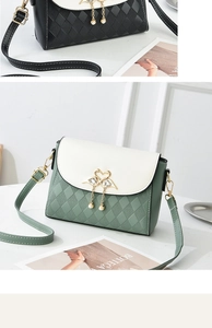 Detail of square crossbody bags with quilted pattern, swan buckles, and pearl tassels