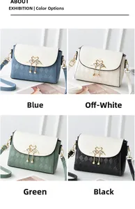 Detail of four colorful crossbody bags featuring swan buckles and pearl tassels