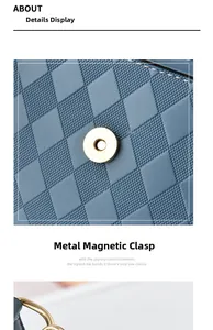 Detail of blue woven leather bag featuring a premium golden circular magnetic clasp