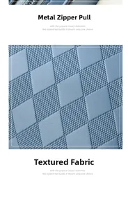 Detail of blue quilted texture fabric with high-quality metal zipper on a square bag