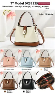 Detail view of the multi-compartment interior and 22x10x17cm dimensions of this bucket bag