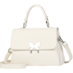 White lychee leather handbag with butterfly metal clasp and adjustable shoulder strap