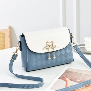 Women Crossbody Bag PU Leather Rhombus Pattern Contrast Color Swan Buckle Artificial Pearl Tassel Elegant Shoulder Bag
