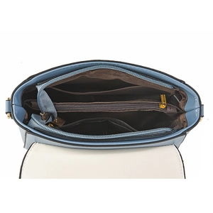 Internal view of the blue and white square handbag showing multiple compartments