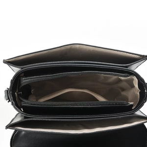 Top view showing multiple compartments and chevron lining of the black crossbody bag