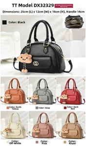 Detail view of seven color options for this minimalist crossbody handbag with dimensions