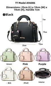 Detailed size chart and multi-color selection for cat-themed crossbody handbag