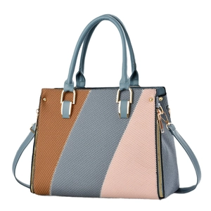 Three-color patchwork tote bag in textured leather with gold hardware and dual handles