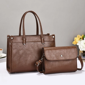 Dark brown lychee pattern leather tote and shoulder bag set for women with metal rivets