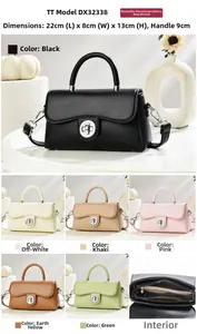 Detail view of small crossbody bag showing dimensions 22x8x13cm and color options