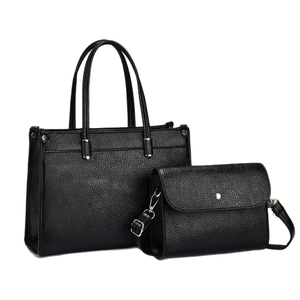 Black pebbled leather tote and small flap crossbody bag set with silver hardware