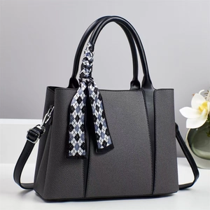Women Handbag PU Leather Canvas Splicing Large Capacity Contrast Color Tote With Decorative Scarf Elegant Shoulder Bag