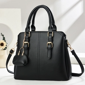 Black lychee texture PU leather handbag with gold buckles and detachable shoulder strap