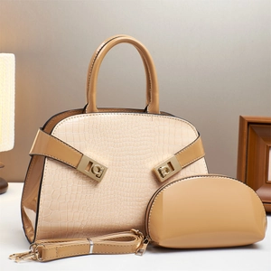 Beige faux crocodile skin handbag with G-buckle details and adjustable shoulder strap
