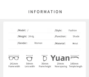 Tableau des tailles pour lunettes de soleil carrées sans monture avec spécifications