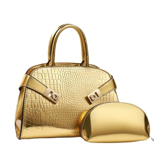 Golden crocodile texture handbag and metallic clutch two-piece set for women