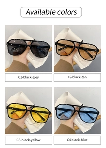 Detailed grid showing oval frame sunglasses in black, brown, yellow and blue lenses