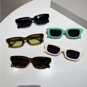 Detailed collection of narrow rectangular sunglasses in black, green, beige, and tortoiseshell