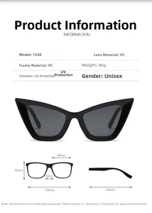 Detailed dimension guide for cat-eye sunglasses with UV protection and PC frame specs