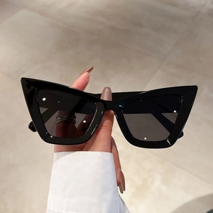 Close-up of stylish retro cat-eye sunglasses with thick black frames and dark lenses
