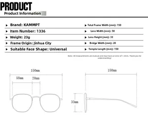 Detailed technical size chart for square sunglasses showing 150mm frame width and lens data