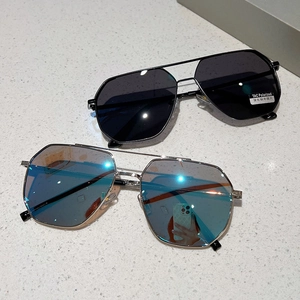 Detail of oversized polygon polarized sunglasses with TAC lenses and metallic frames
