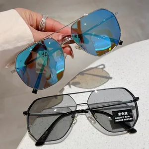 Macro detail of DYD 5087 aviator sunglasses showing blue mirrored and photochromic lenses