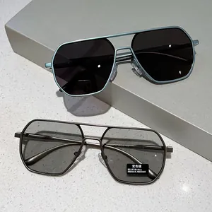 Close-up of lightweight metal polygon sunglasses with polarized and photochromic lenses