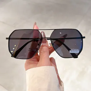 Detail of polarized TAC lens and double bridge frame on black metal sunglasses