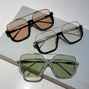 Detailed display of square oversized sunglasses in three color options with metal double bridge