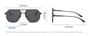 Detailed technical drawing of black aviator sunglasses with frame dimensions and size specs