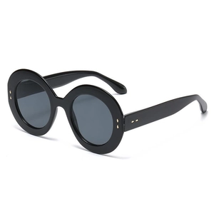 Retro oversized round frame sunglasses with thick black trim and dark grey tinted lenses
