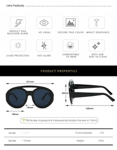 Detailed dimension chart showing size 151x69x145mm for unisex oval double bridge sunglasses