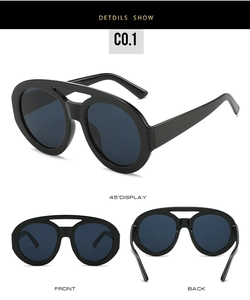 Detail view of black double-bridge aviator sunglasses from front, back, and 45-degree angles