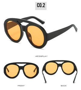 Three-angle display of retro oval sunglasses with black frames and orange tinted lenses