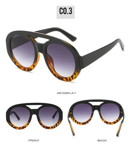 Three perspectives of retro oversized oval sunglasses with leopard print and black frame