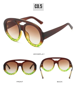 Detailed views of vintage oval double-bridge sunglasses with polka dot and leopard patterns