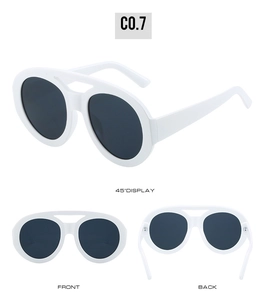 Three views of white oval double-bridge sunglasses with dark lenses from different angles