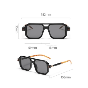 Detailed dimensions of oversized square sunglasses with black frame and tortoise temples