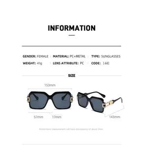 Detailed size chart for square frame sunglasses with PC and metal specifications