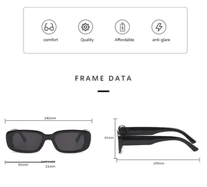 Detailed sizing chart for rectangular sunglasses showing frame width and temple length