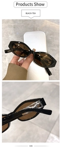 Detail of black sunglasses with brown lenses and silver 3D figure on the side temple