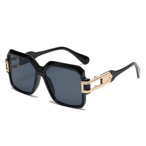 Chic black square frame sunglasses with luxury gold hollowed metal temple decoration