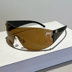 Y2K shield sunglasses with oversized brown lens and textured metal D logo on side