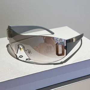 Integrated Shield Sunglasses PC Rimless Oversized UV400 Protection Rhinestone Letter D Decor Y2K Cyberpunk Sporty Fashion