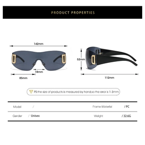Detailed technical drawing of black shield sunglasses with dimensions and logo detail